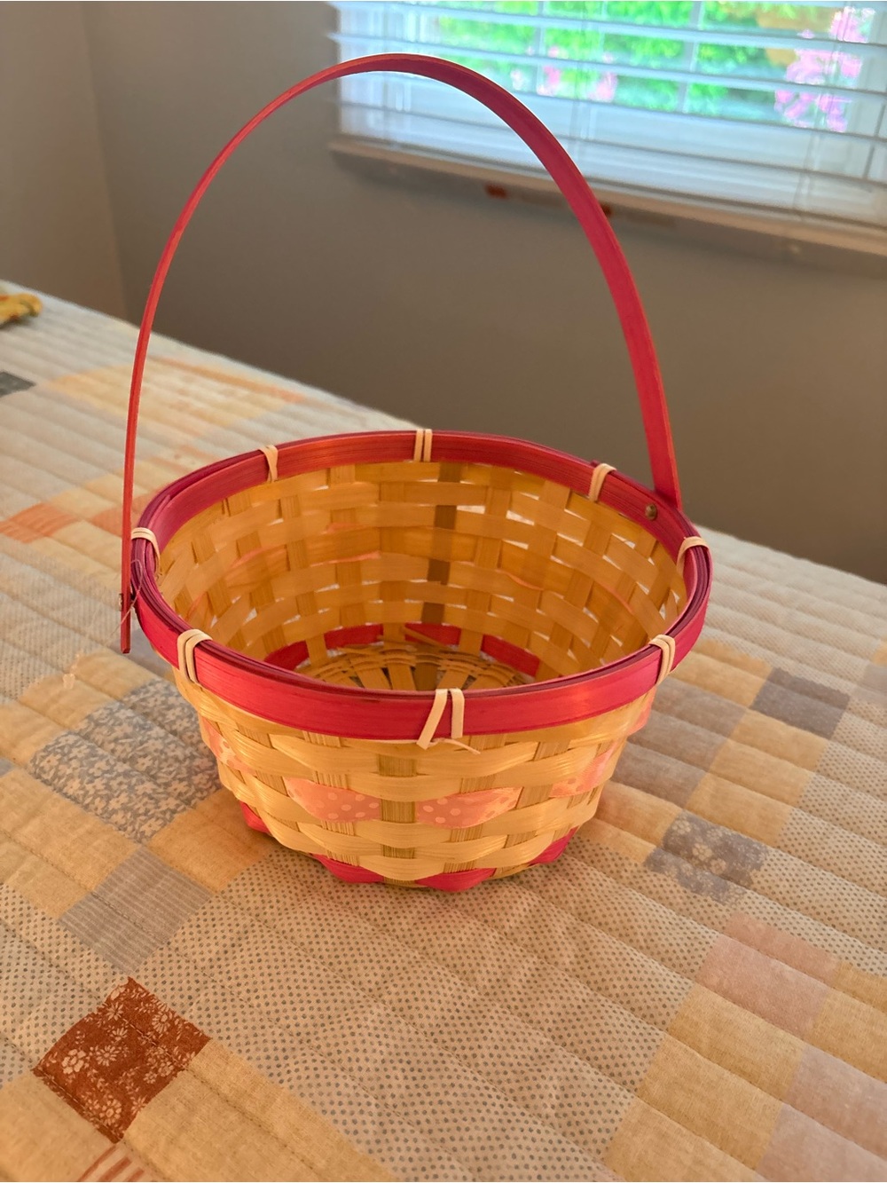 Pink and Natural Woven Easter Basket with Handle